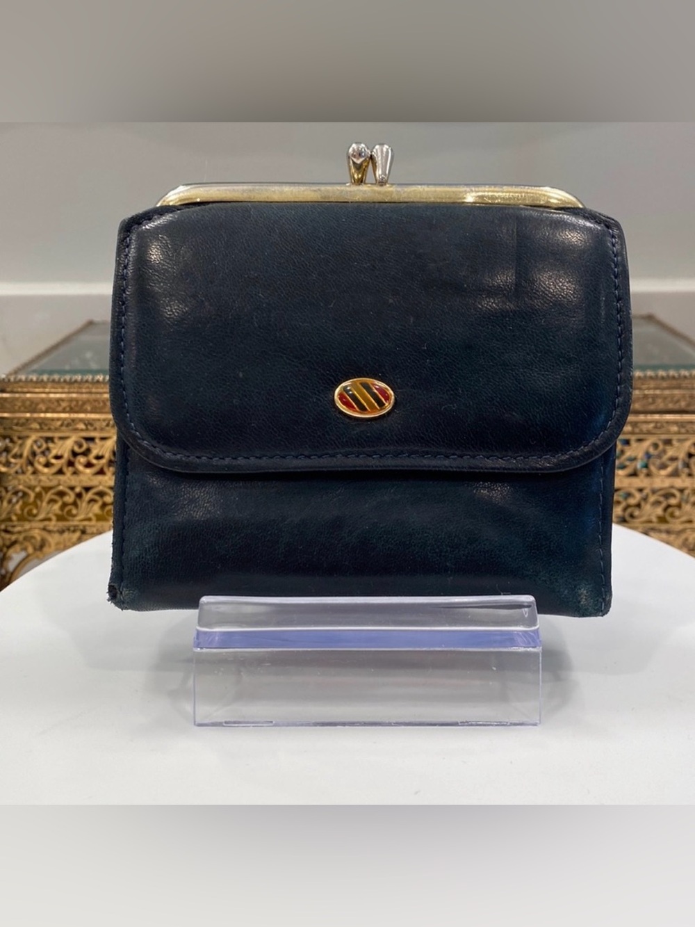 VVTG Princess Gardner Lambskin Wallet Navy-Blue & Gold wKiss-Lock Coin Purse EUC